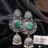 Malachite Chandni Chand-Bali Jhumka Earrings with Multi-Color Meenakari