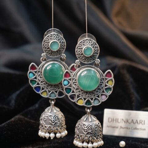 Malachite Chandni Chand-Bali Jhumka Earrings with Multi-Color Meenakari