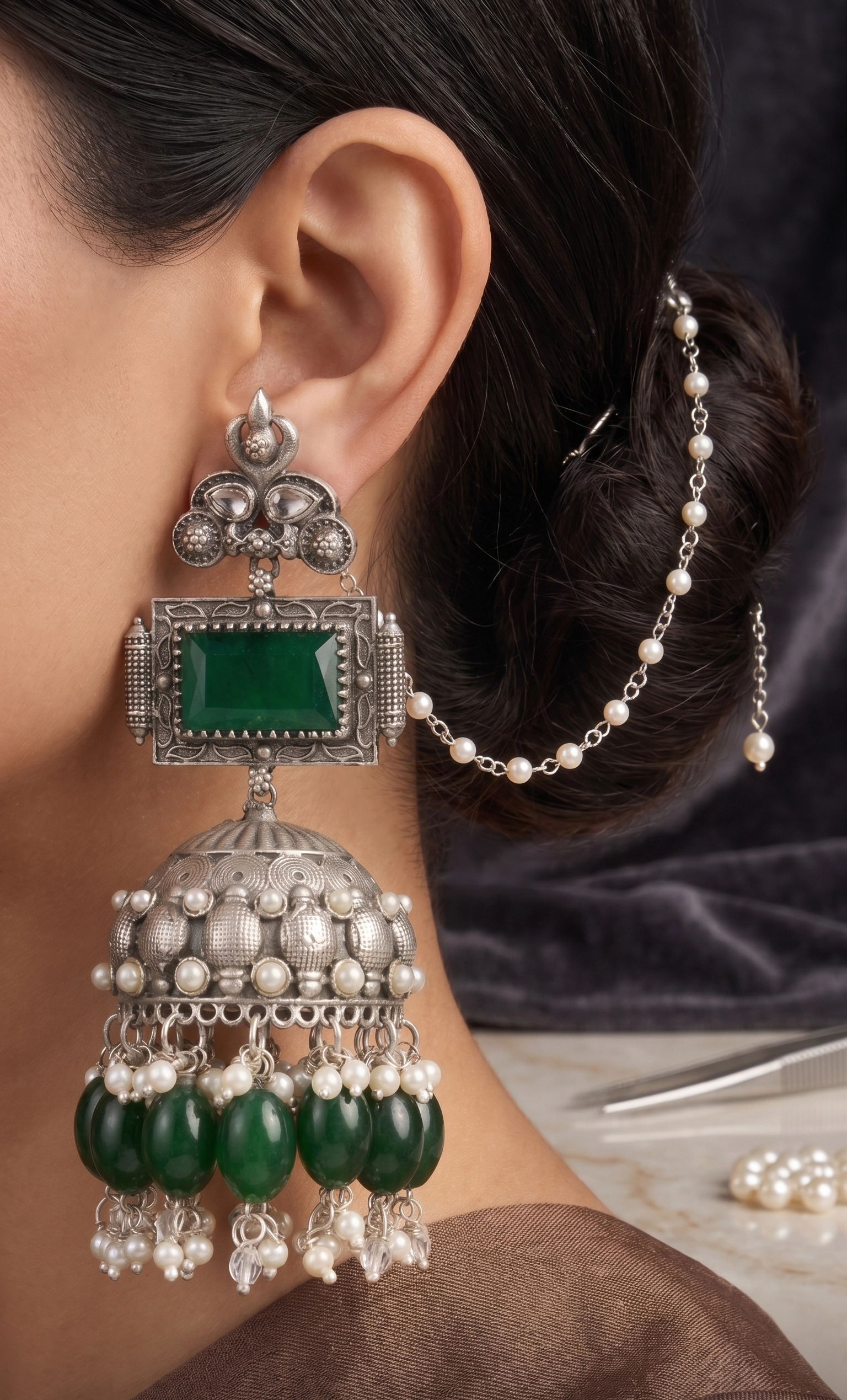 The Veda Emerald & Pearl Jhumka Set with Sahara Chains